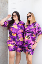 Sunset Purple Hawaiian shirt and shorts set with vibrant tropical patterns, perfect for festive occasions. | Tropicool Clothing