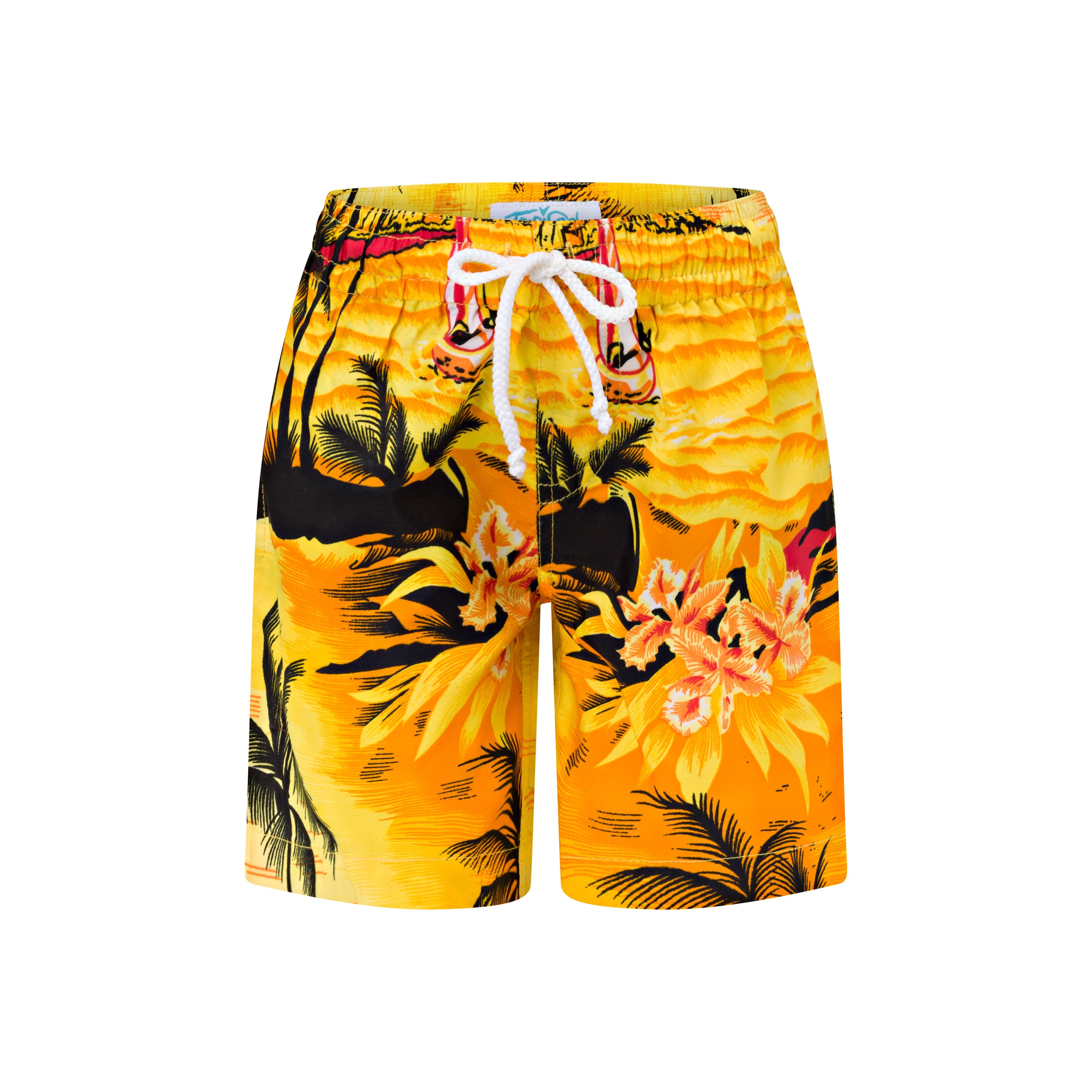 Sunset yellow kids shorts with palm tree and flower print, white drawstring, elastic waistband. Tropical style. | Tropicool Clothing