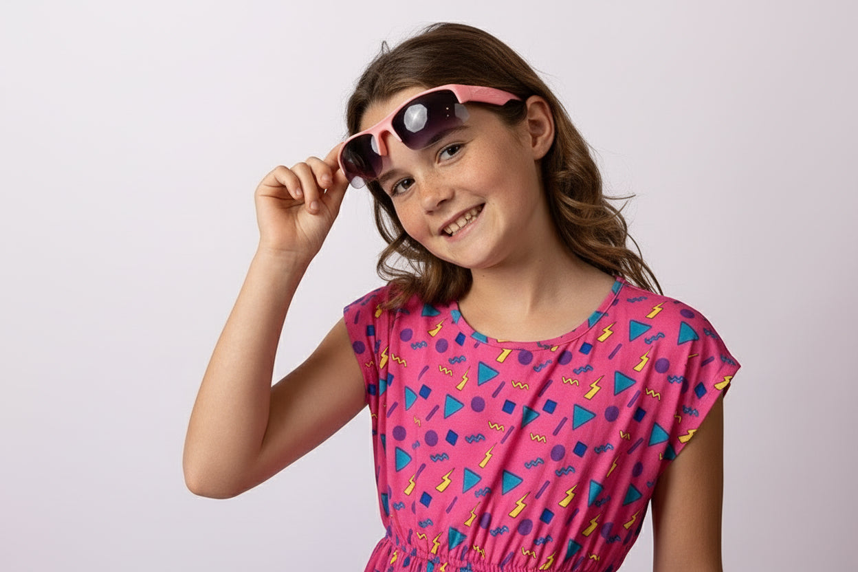 Young girl wearing colorful sunglasses and a patterned dress against a light background