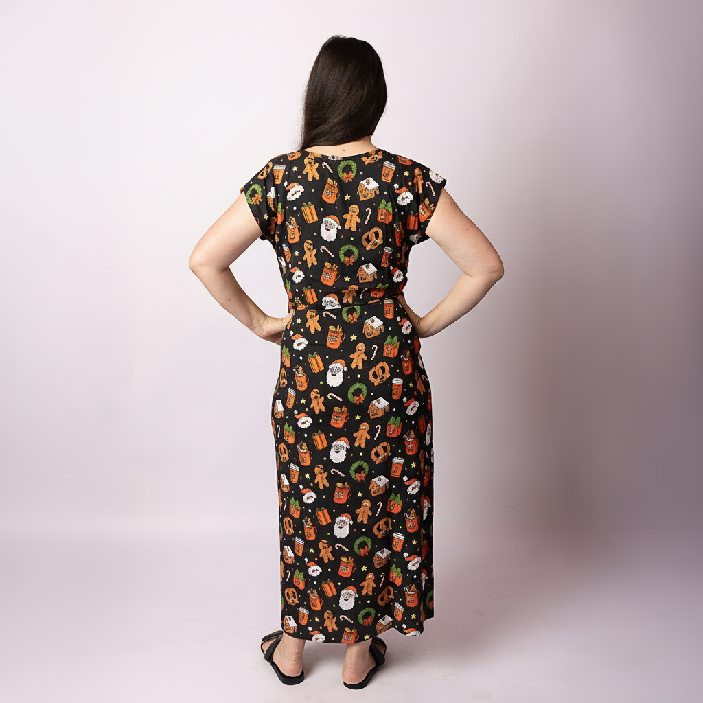 Woman wearing the Tropicool Celyn Jingleverse adult Christmas dress in a full-length studio photo rick & morty back view