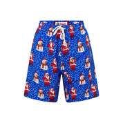 Blue Christmas shorts with white drawstrings, elastic waistband, Santa and snowman festive print. | Tropicool Clothing