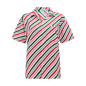 Adult Christmas shirt with diagonal red, green, and white stripes; left chest pocket; festive tropical style. | Tropicool Clothing