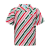 Christmas kids shirt with red, green, and white stripes; chest pocket; festive holiday apparel. | Tropicool Clothing