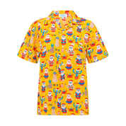 Short-sleeve adult Hawaiian shirt with colorful Santa, gift, palm tree, and festive holiday patterns. | Tropicool Clothing
