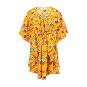 Yellow kaftan cover-up features festive cartoon holiday print and cinched waist for tropical style. | Tropicool Clothing