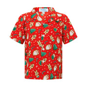 Red and green kids Christmas shirt with Santa, fir trees, and candy cane patterns; festive holiday style. | Tropicool Clothing