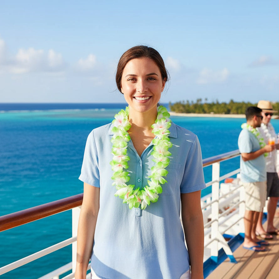 Person on a cruise ship wearing a green hawaiian flower lei tropical party accessory