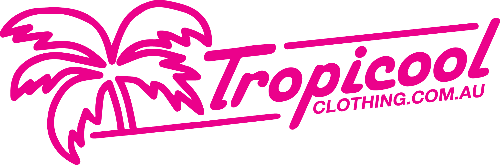 Hot pink palm tree print; bold Tropicool CLOTHING.COM.AU text. Tropical festive apparel gift card. | Tropicool Clothing