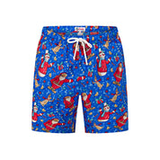 Blue adult shorts with Santa and snowman Christmas print, white drawstring, tropical festive style. | Tropicool Clothing