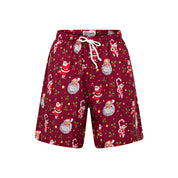 Maroon Christmas shorts with white drawstring, Santa Claus, candy cane, and star print. Festive holiday apparel. | Tropicool Clothing