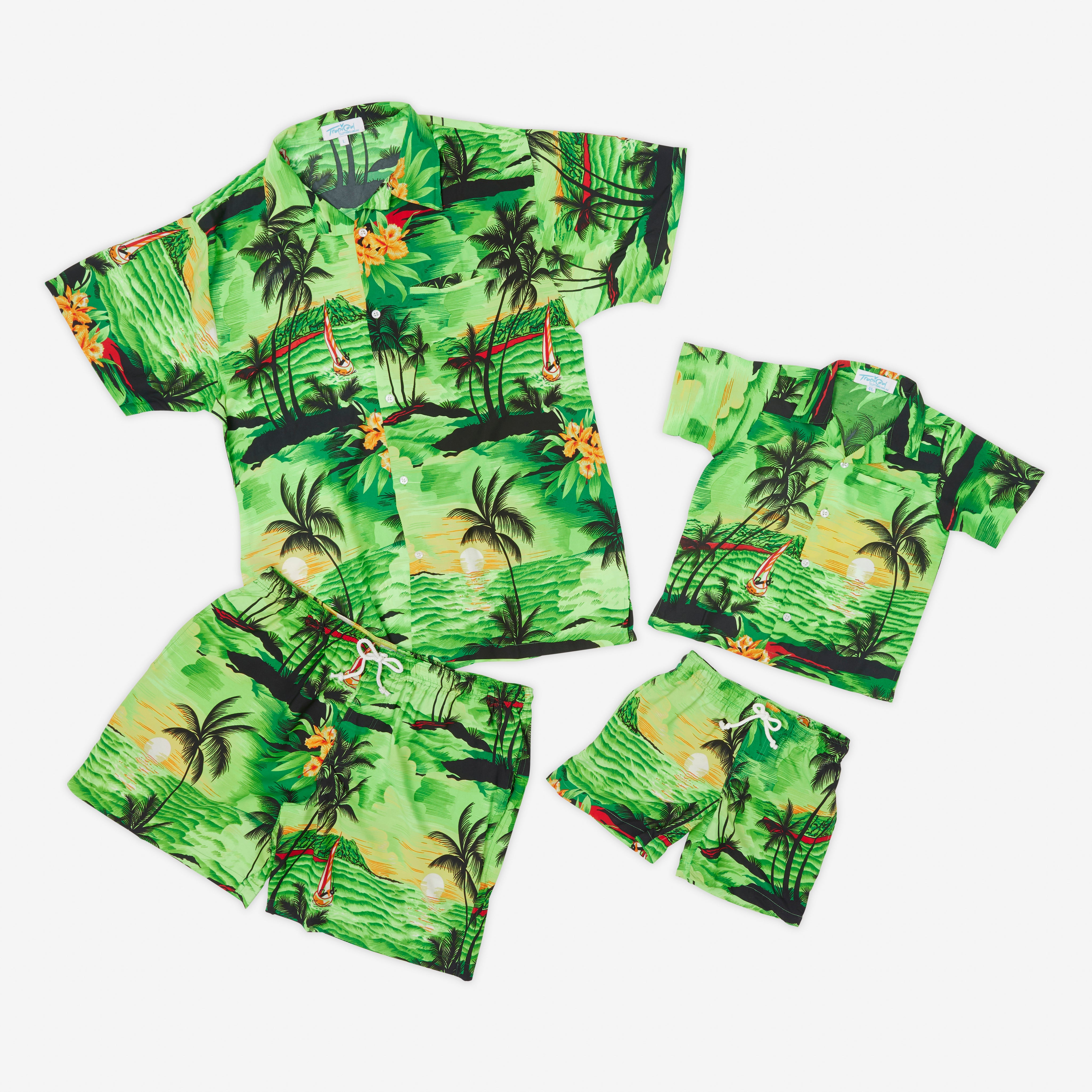 Sunset Green Kids Hawaiian Shirt and Shorts Set